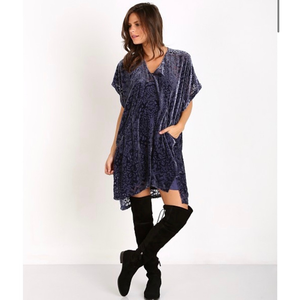 Free People Velvet Burnout Room of Shadows Shift Dress Tunic Blue Ash Size‎ XS